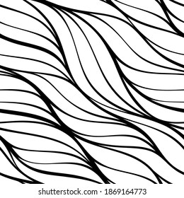 Resumen   sin costuras de líneas dibujadas a mano.  Patrón de ondas. Coloreando la página del libro. Papel pintado blanco negro.