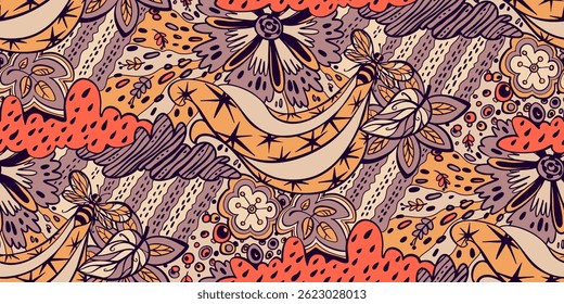 Abstract seamless doodle pattern - bee, flowers, leaves, clouds, insect. Repeating half-drop print. Yellow, orange, beige, purple.
