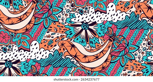 Padrão de rabiscar sem emenda abstrato - abelha, flores, folhas, nuvens, inseto. Repetindo impressão em meia gota. Rosa, laranja, bege, turquesa, azul, branco