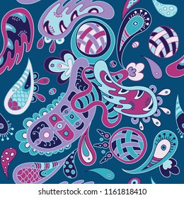 Abstract seamless doodle pattern. Blue geometric vector background.