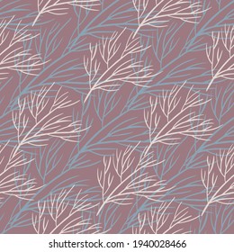 Abstract seamless doodle pattern with contoured tree branches silhouettes print. Pale pink background. Perfect for fabric design, textile print, wrapping, cover. Vector illustration.