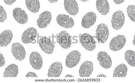 Abstract seamless doodle pattern of fingerprints isolated on white background. Concept of personal id, touch id, criminalistics, technology. Vector flat hand drawn banner.