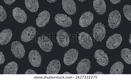 Abstract seamless doodle pattern of fingerprints isolated on black background. Concept of personal id, touch id, criminalistics, technology. Vector flat hand drawn banner.
