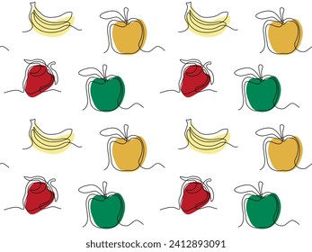 Abstract seamless doodle pattern of fruits and berries, strawberry, apple banana