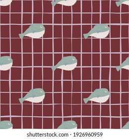 Abstract seamless doodle pattern with hand drawn fish silhouettes ornament. Maroon chequered background. Perfect for fabric design, textile print, wrapping, cover. Vector illustration.