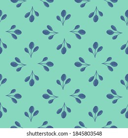 Abstract seamless doodle pattern with scandinavian blue leaf ornament. Turquoise bright background. Simple design. Stock illustration. Vector design for textile, fabric, giftwrap, wallpapers.