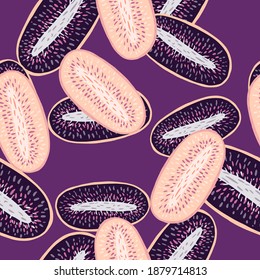 Abstract seamless doodle pattern with simple pink and dark purple kiwi elements. Nature food backdrop. Designed for fabric design, textile print, wrapping, cover. Vector illustration.