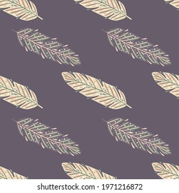 Abstract seamless doodle pattern with simple feather elements. Purple pale pastel background. Designed for fabric design, textile print, wrapping, cover. Vector illustration.