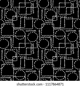 Abstract seamless doodle pattern from strokes squares and circles-vector illustration. White squares and circles on a black background.