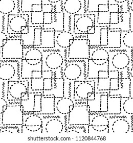 Abstract seamless doodle pattern from strokes squares and circles-vector illustration. Black squares and circles on a white background.