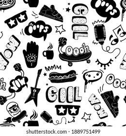 Abstract seamless doodle pattern for teenagers textile, wrapping paper. Cartoon style. Comics black and white repeat print. 