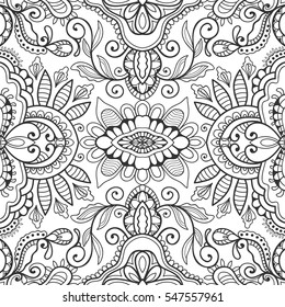 Abstract seamless doodle sketch pattern, black and white artwork. Coloring book page for adults. Decorative ethnic floral ornament for painting. Carpet, bandanna, shawl design, line art background