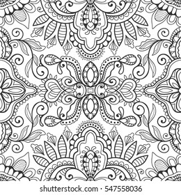 Abstract seamless doodle sketch pattern, black and white artwork. Coloring book page for adults. Decorative ethnic floral ornament for painting. Carpet, bandanna, shawl design, line art background