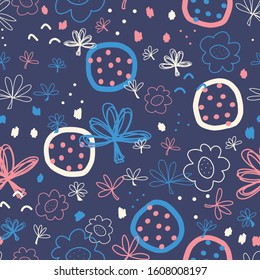 Abstract Seamless doodle vector pattern. Hand drawn shapes collage white blue pink. Modern pattern design with flowers, leaves, circles, dots. For fabric, kids wear, wallpaper, cards, surface design