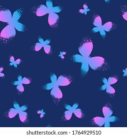 Abstract seamless dots butterflies pattern on dark blue background. girlish nature style repeats ornament. Endless print with insect