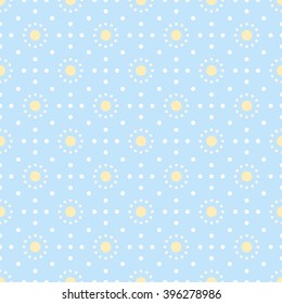 Abstract seamless dots pattern. Simple geometric print of different sized circles in white, pastel blue and yellow colors. Vector illustration for creative design
