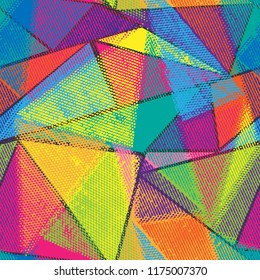 Abstract seamless dots triangles pattern. Grunge urban repeated backdrop for textile, wrapping paper.