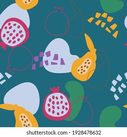 Resumen de dibujo sin fisuras. Frutos hechos a mano en una forma simple. Granada fresca, papaya y aguacate. Piezas de papel coloreado dispuestas caóticamente. vector