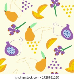 Abstract seamless drawing. Hand-drawn fruit in a simple shape. Grapes, yellow pear, orange slices and figs. Illustration as a children's drawing and line art. vector. 