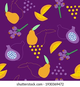 Abstract seamless drawing. Hand-drawn fruit in a simple shape. Grapes, yellow pear, orange slices and figs. Illustration as a children's drawing and line art. vector. 