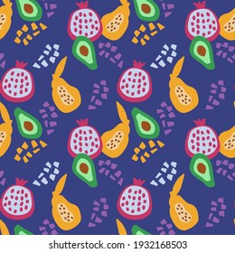 Abstract seamless drawing. Hand-drawn fruit in a simple shape. Fresh pomegranate , papaya and avacado. Pieces of colored paper arranged chaotically. vector