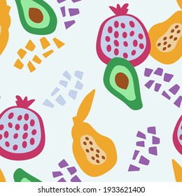 Abstract seamless drawing. Hand-drawn fruit in a simple shape. Fresh pomegranate , papaya and avacado. Pieces of colored paper arranged chaotically. vector