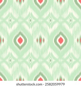 Abstract Seamless Ethnic Ikat Pattern in Pastel Green and Pink. Pastel Ikat Inspired Geometric Seamless Pattern. Traditional Ikat Abstract Pattern. Vector illustration.