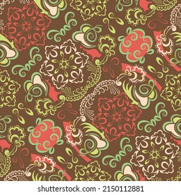 Resumen de un patrón étnico sin fisuras con ornamento de rizos de doodle de diferentes colores sobre fondo de terracota marrón para el diseño textil. Vector 