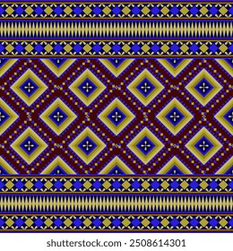 Abstrato estilo de padrão étnico perfeito em ouro, azul, vermelho. Nativo geométrico, ornamento folclórico, projeto de padrão de bordados para têxteis, tecido, tapete, textura, capa, impressão, fundo.