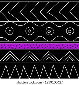 Abstract seamless ethnic striped pattern with primitive geometric elements. Folk stylized print template for paper and fabric (textile, wallpaper, wrapping). Boho fashion style. EPS10 vector