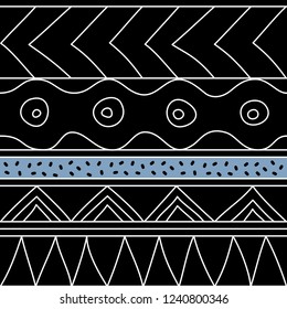 Abstract seamless ethnic striped pattern with primitive geometric elements. Folk stylized print template for paper and fabric (textile, wallpaper, wrapping). Boho fashion style. EPS10 vector