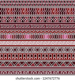 Abstract seamless ethnic striped pattern with primitive geometric elements. Folk stylized print template for paper and fabric (textile, wallpaper, wrapping). Boho fashion style. EPS10 vector