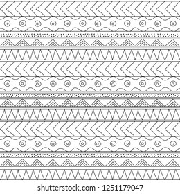 Abstract seamless ethnic striped pattern with primitive geometric elements. Folk stylized print template for paper and fabric (textile, wallpaper, wrapping). Boho fashion style. EPS10 vector