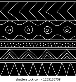 Abstract seamless ethnic striped pattern with primitive geometric elements. Folk stylized print template for paper and fabric (textile, wallpaper, wrapping). Boho fashion style. EPS10 vector