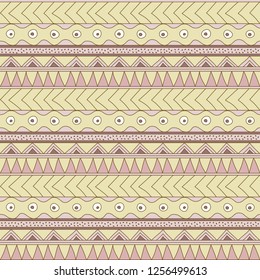 Abstract seamless ethnic striped pattern with primitive geometric elements. Folk stylized print template for paper and fabric (textile, wallpaper, wrapping). Boho fashion style. EPS10 vector