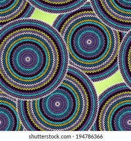 Abstract Seamless Ethnic Style Circle Simple Colorful Vector Needlework Background, Ornamental Blue Violet Yellow White Green Black Round Geometric Knitted Pattern