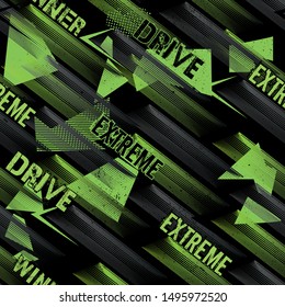 Abstract seamless Extreme sport pattern with curved lines,  scuffed, drops, sprays.. Geometrical repeated backdrop for boy, sport textile, clothes, wrapping paper.   background for vinyl wrap 