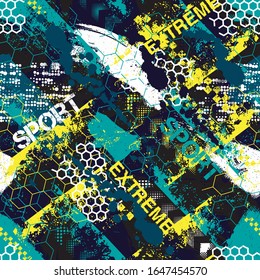 Abstraktes, nahtloses Extreme Sportmuster mit gekrümmten Linien, Schellen, Tropfen, Sprays... Geometrisches mehrfarbiges Hintergrund für Jungen, Sporttextilien, Kleidung, Wickelpapier.   Hintergrund für Vinylfolie 