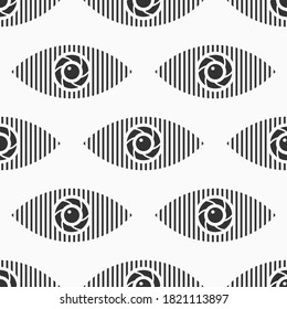 Resumen de patrón de ojos impecables. Formas de ojos estilizadas con rayas verticales. Ilustración monocroma vectorial.