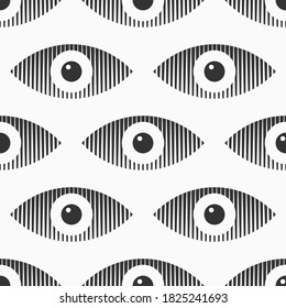 Abstract seamless eyes pattern. Stylized eye shapes with vertical stripes. Vector monochrome illustration.