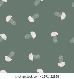 Abstract seamless fall pattern with random doodle mushroom ornament. Green pastel background. Designed for fabric design, textile print, wrapping, cover. Vector illustration.