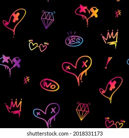 Abstract seamless fancy pattern. Hearts lines repeat print. Neon gain gradient outline repeated ornament