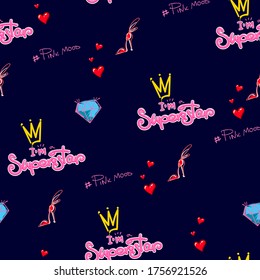 Abstract seamless fashion pattern with calligraphic hand written text Super Star, crown sign,  high heel shoes,  diamonds