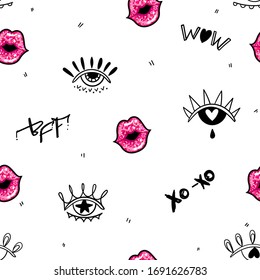 Abstract seamless fashion pattern with eyes and lips. Beauty wrapping paper.