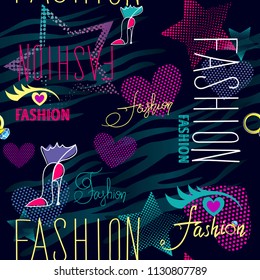 Abstract seamless fashion pattern for girl. Fancy repeated backdrop with wave tiger skin lines, dots hearts, stars, decorative eye and lashes, high heel shoes, calligraphic and hand written text. 