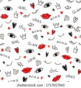 Abstract seamless fashion pattern for girl. Style modern background with words, eyes, lips, crown and hearts. 