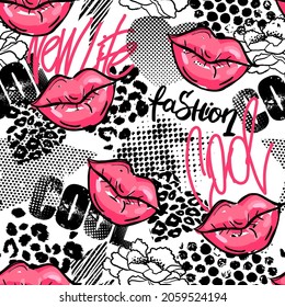 Abstract seamless fashion pattern for girl. Style modern background with  lips, words, graffiti