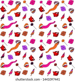 Abstract seamless fashion pattern for girls, wrapping paper, textile, fashion clothes. Set girlish elements lips, sweets, ice cream.