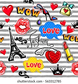 Abstract seamless fashion pattern for girls, wrapping paper, textile, fashion clothes. Repeated backdrop with girlish elements lips, bag, lipstick, crown, hearts,shoes, clouds in comics, cartoon style