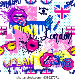 Abstract Seamless Fashion Pattern For Girls,  Textile, Clothes.  Grunge Urban Girlish Repeated Backdrop With Spray Paint Ink, Dots, Lolipop, Kiss Lips,  Tongue,  British Flag, Bus,  Glasses,  Lipstick